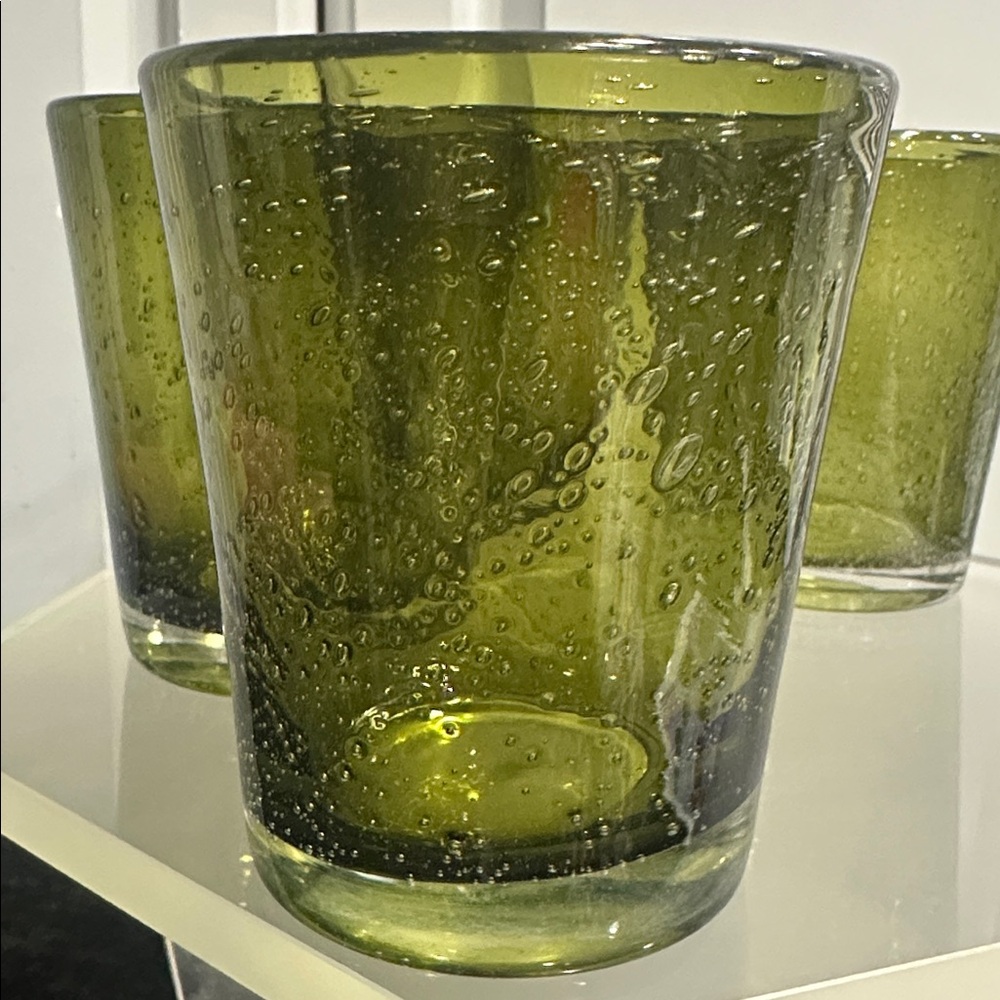 Bambeco Olive Green Art Glass High Ball Tumblers (4) count cocktail drinkware.